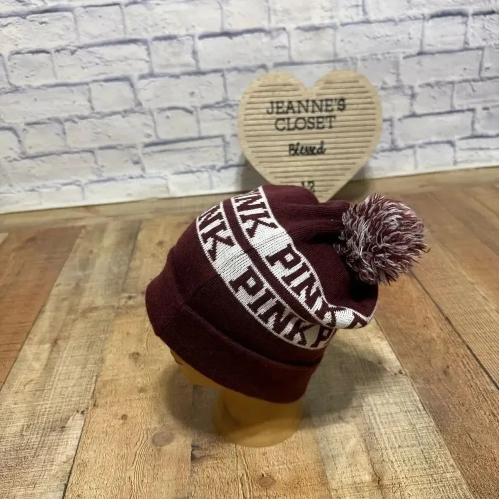 Victoria’s Secret PINK Beanie Pompom Hat Maroon Holiday Wine